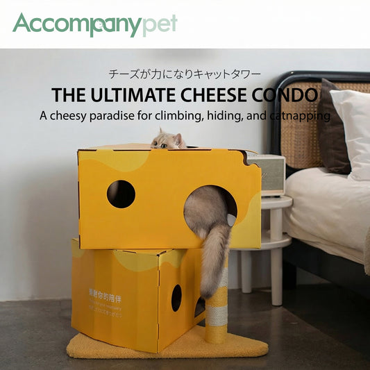 The Ultimate Cheese Condo | A 3-in-1 Cat Tree, Scratcher & Hideaway